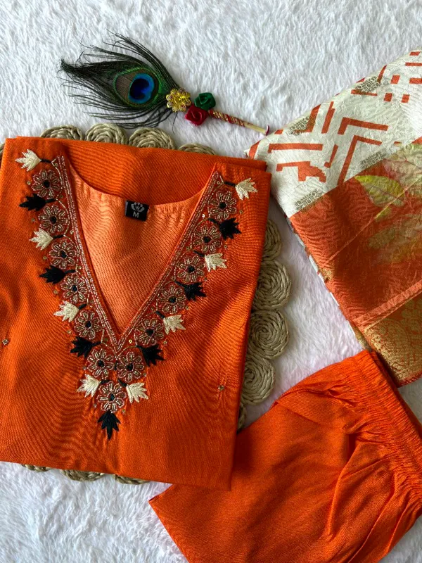 Orange_Roman_Silk_Embroidered_Kurta_Set_With_Dupatta_For_Woman
