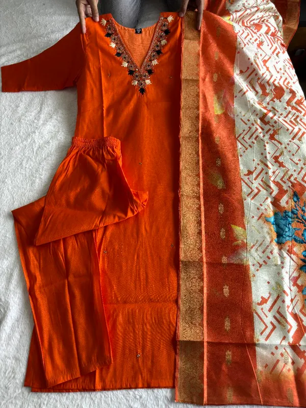Orange_Roman_Silk_Embroidered_Kurta_Set_With_Dupatta_For_Woman