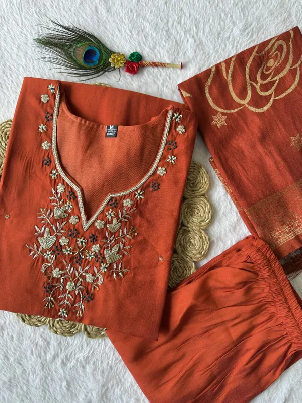 Rust_Orange_Roman_Silk_Embroidered_Kurta_Set_With_Dupatta_For_Woman