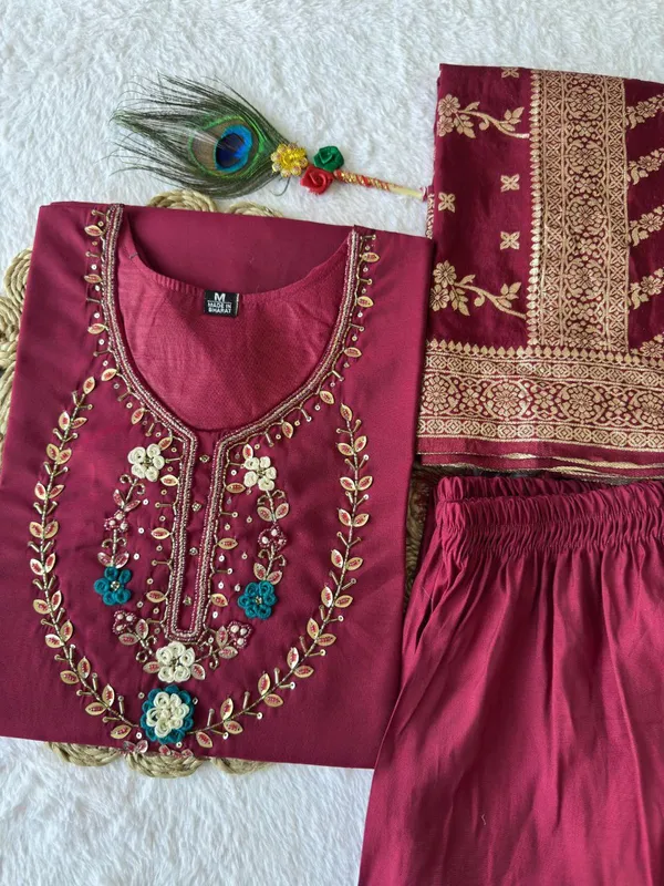 Maroon_Roman_Silk_Embroidered_Kurta_Set_With_Banarasi_Dupatta_For_Woman