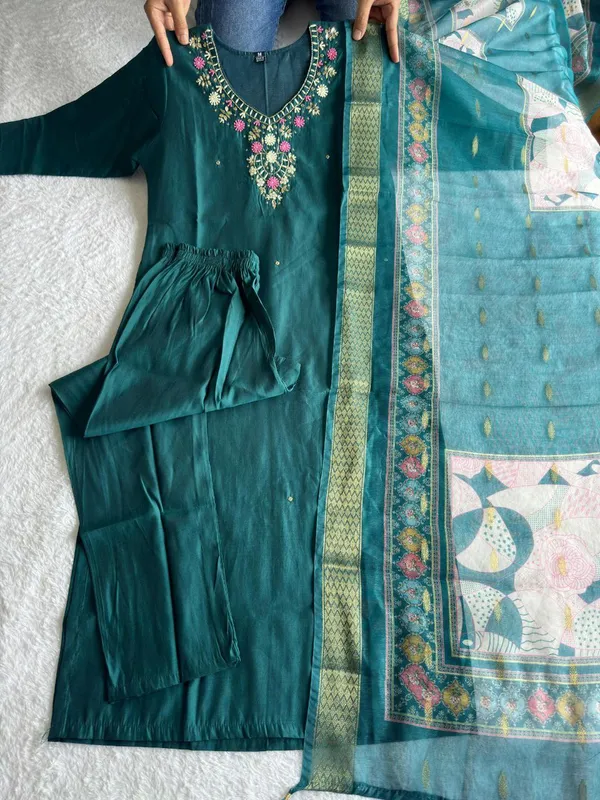 Teal_Roman_Silk_Embroidered_Salwar_Suit_Set_With_Banarasi_Dupatta_For_Woman