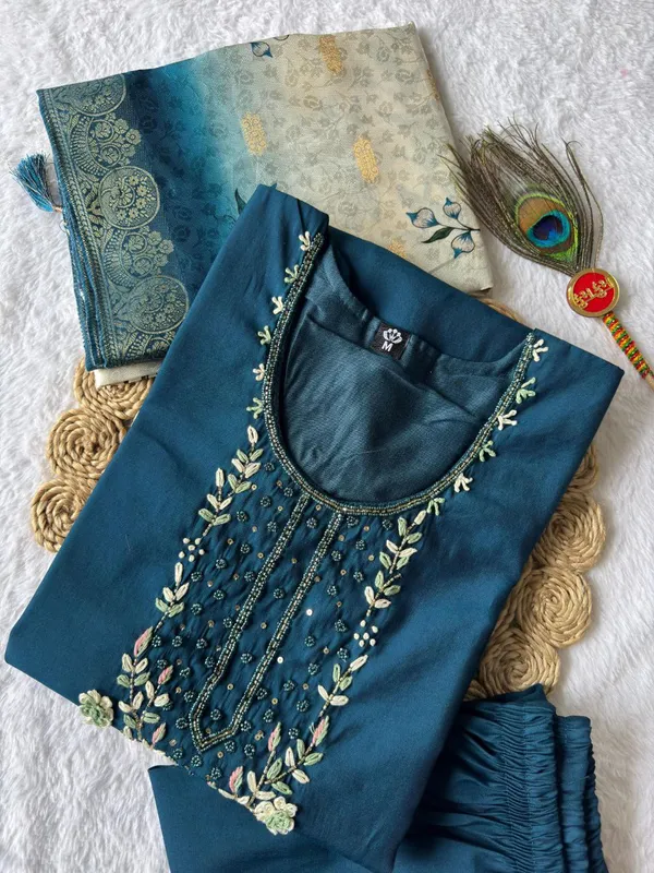 Teal_Blue_Roman_Silk_Embroidered_Kurta_Set_With_Dupatta_For_Woman