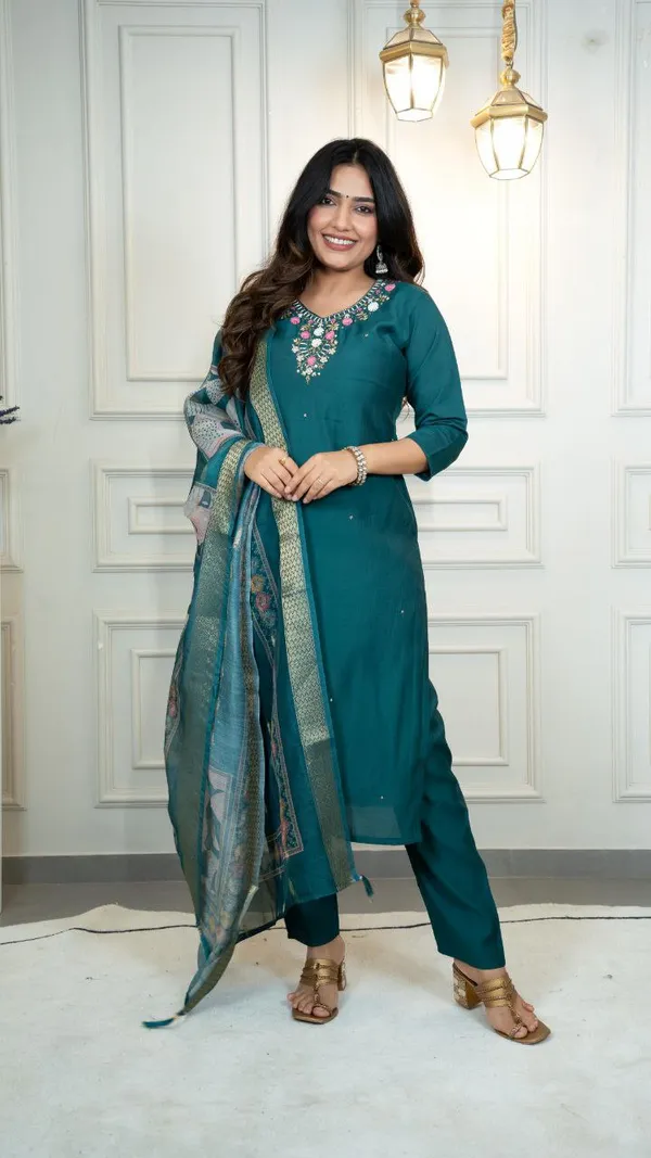 Teal_Roman_Silk_Embroidered_Salwar_Suit_Set_With_Banarasi_Dupatta_For_Woman