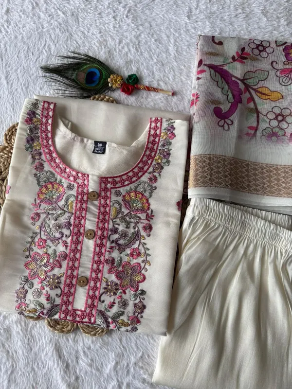 White_Roman_Silk_Embroidered_Ethnic_Kurta_Set_With_Floral_Dupatta_For_Woman