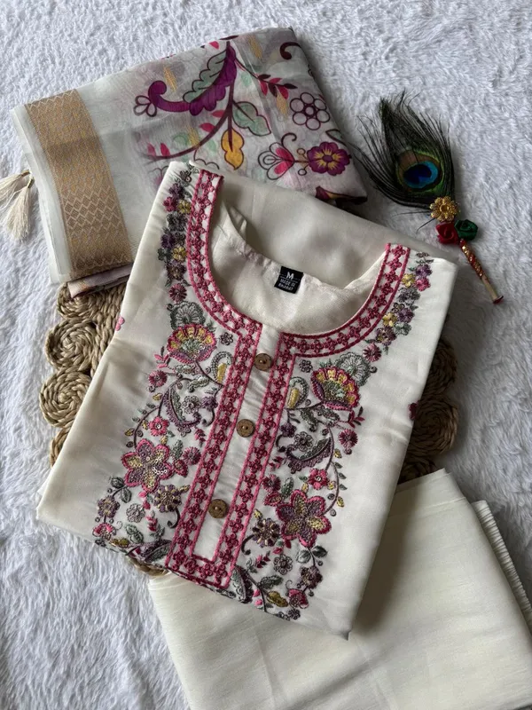 White_Roman_Silk_Embroidered_Ethnic_Kurta_Set_With_Floral_Dupatta_For_Woman