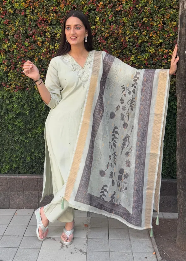 Mint_Green_Roman_Silk_Embroidered_Kurta_Set_With_Striped_Dupatta_For_Woman