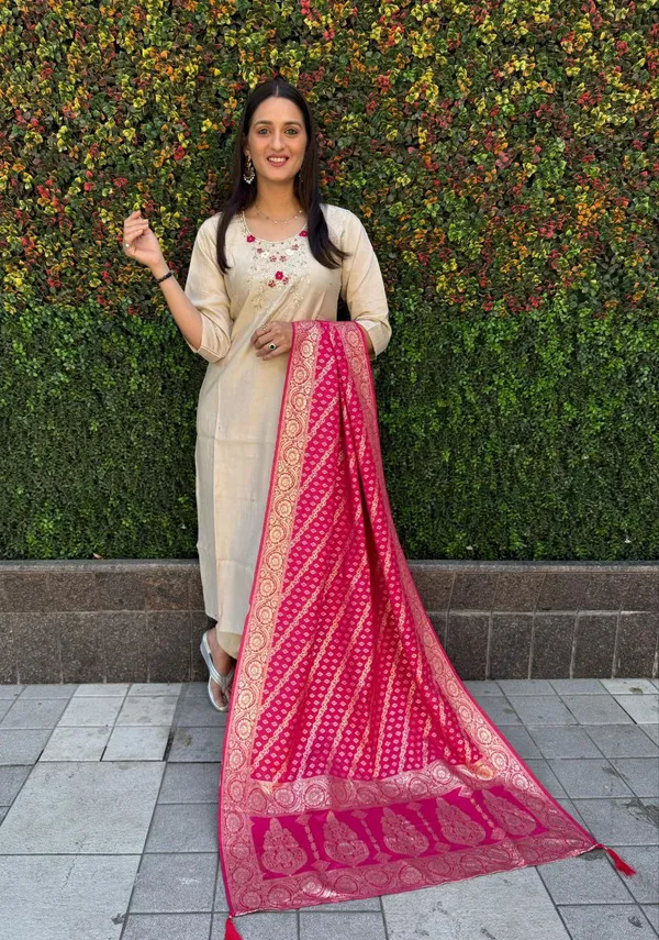 Beige_And_Pink_Roman_Silk_Kurta_Set_With_Banarasi_Dupatta_For_Woman