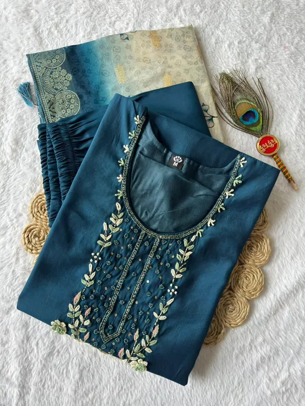 Teal_Blue_Roman_Silk_Embroidered_Kurta_Set_With_Dupatta_For_Woman