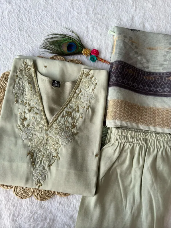 Mint_Green_Roman_Silk_Embroidered_Kurta_Set_With_Striped_Dupatta_For_Woman