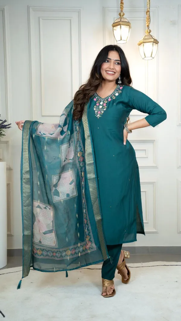 Teal_Roman_Silk_Embroidered_Salwar_Suit_Set_With_Banarasi_Dupatta_For_Woman