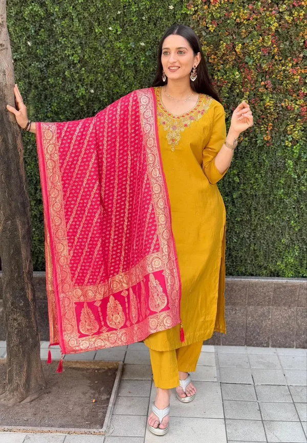 Mustard_Yellow_Roman_Silk_Embroidered_Kurta_Set_With_Banarasi_Dupatta_For_Woman