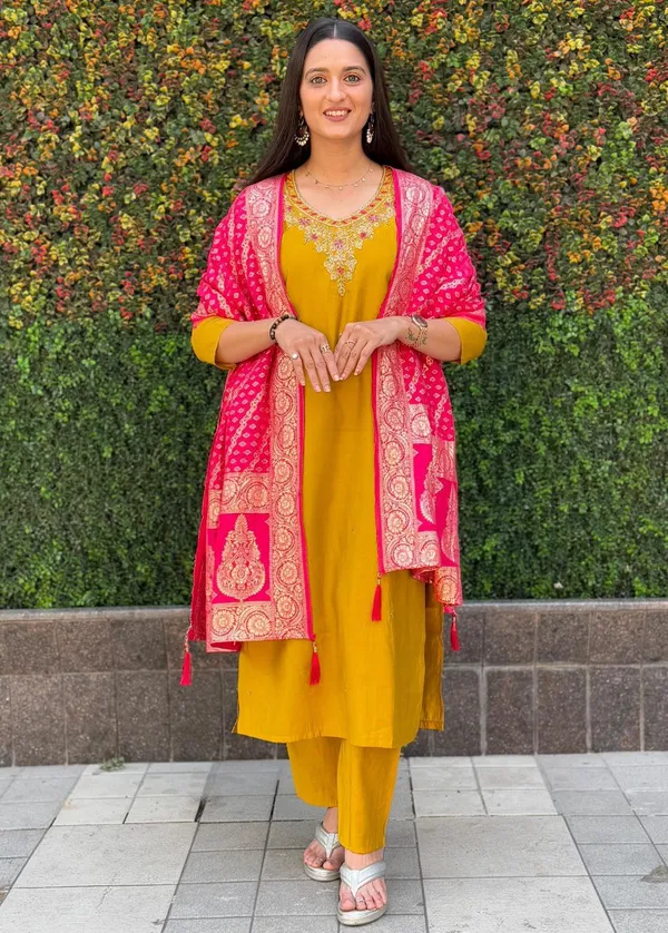 Mustard_Yellow_Roman_Silk_Embroidered_Kurta_Set_With_Banarasi_Dupatta_For_Woman