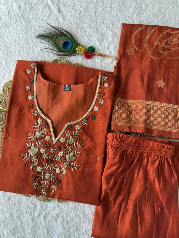Rust_Orange_Roman_Silk_Embroidered_Kurta_Set_With_Dupatta_For_Woman