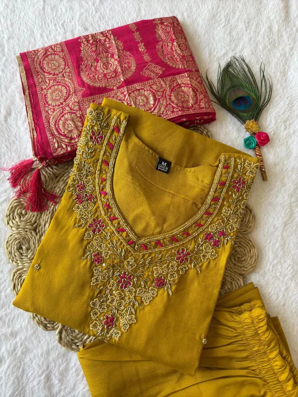Mustard_Yellow_Roman_Silk_Embroidered_Kurta_Set_With_Banarasi_Dupatta_For_Woman