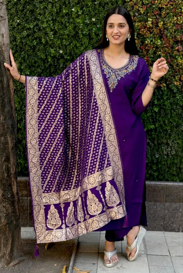 Purple_Roman_Silk_Embroidered_Kurta_Set_With_Banarasi_Dupatta_For_Woman