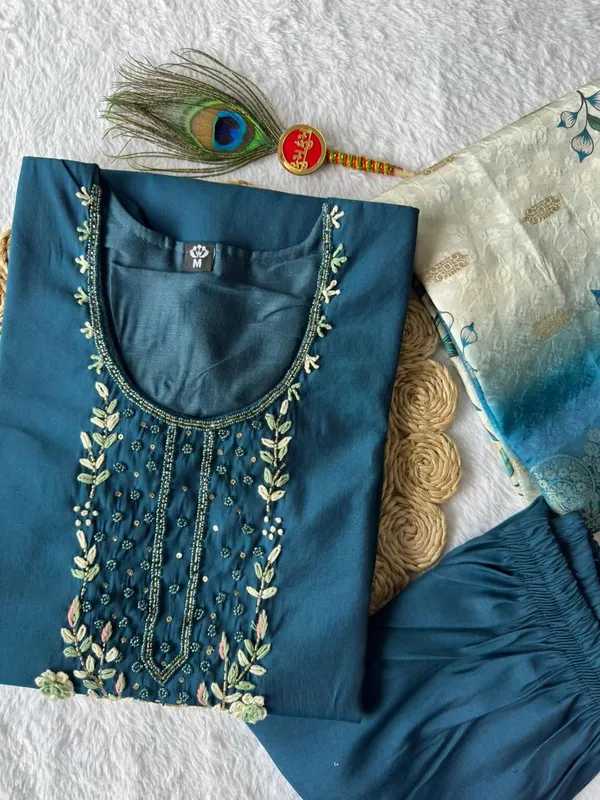 Teal_Blue_Roman_Silk_Embroidered_Kurta_Set_With_Dupatta_For_Woman