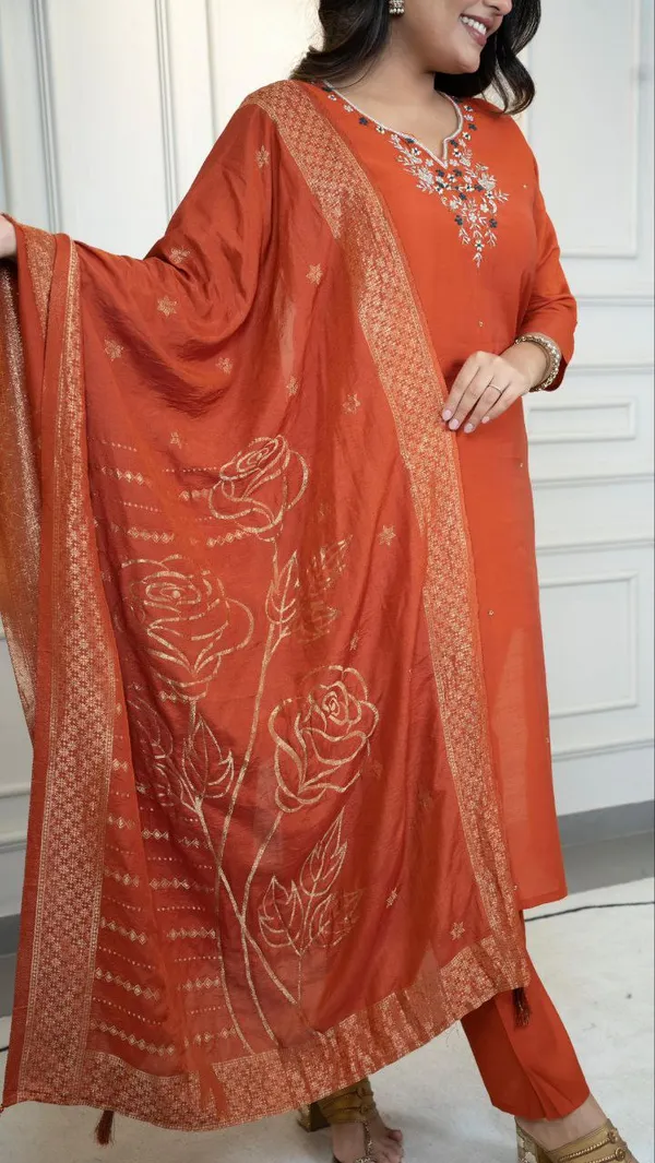 Rust_Orange_Roman_Silk_Embroidered_Kurta_Set_With_Dupatta_For_Woman