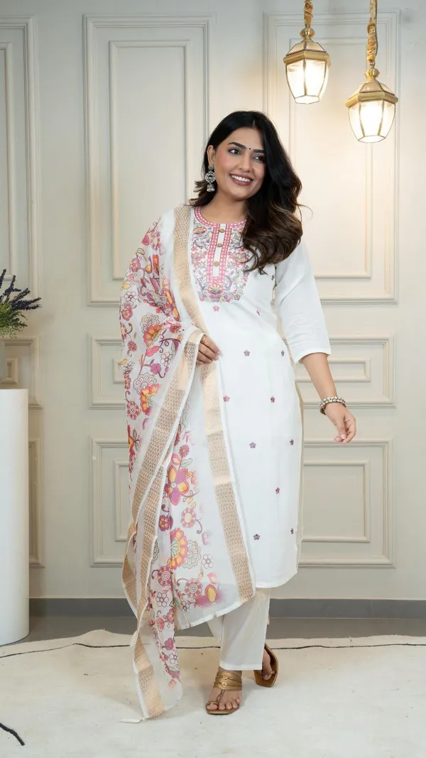 White_Roman_Silk_Embroidered_Ethnic_Kurta_Set_With_Floral_Dupatta_For_Woman
