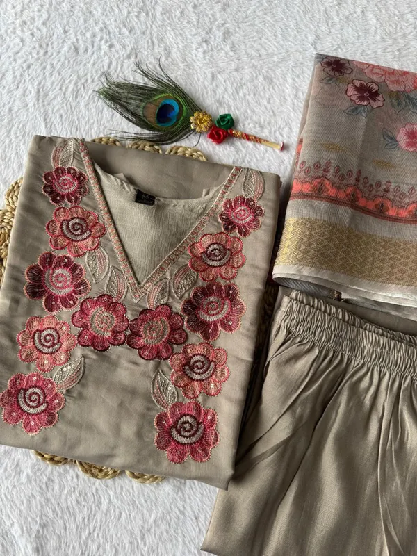 Grey_Roman_Silk_Embroidered_Kurta_Set_With_Floral_Dupatta_For_Woman