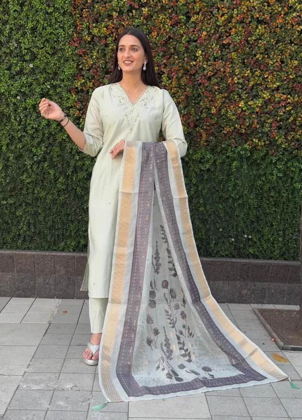 Mint_Green_Roman_Silk_Embroidered_Kurta_Set_With_Striped_Dupatta_For_Woman