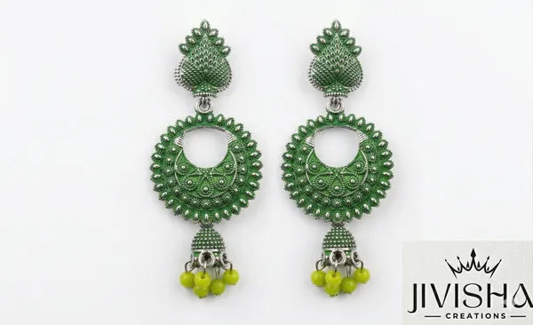 Green_Oxidized_Silver_Chandbali_Earrings_With_Yellow_Bead_Jhumki_(Pack_Of_2)
