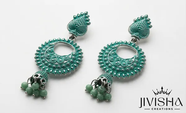 Jivisha_Creations_Oxidized_Silver-Toned_Peacock_Chandbali_Earrings_With_Green_Bead_Danglers_(Pack_Of_2)