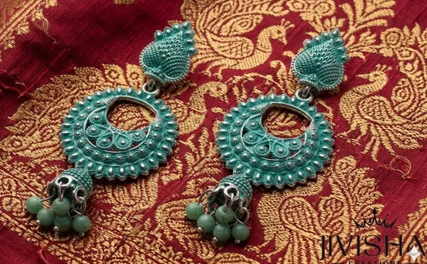 Jivisha_Creations_Oxidized_Silver-Toned_Peacock_Chandbali_Earrings_With_Green_Bead_Danglers_(Pack_Of_2)