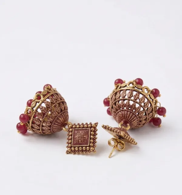 Antique_Maroon_Oxidised_Jhumka_Earrings_with_Bead_Droplets