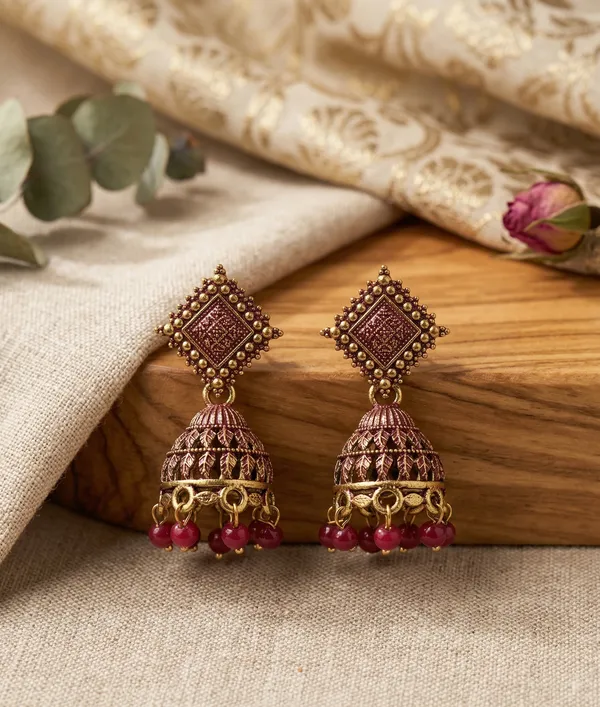 Antique_Maroon_Oxidised_Jhumka_Earrings_with_Bead_Droplets