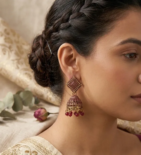 Antique_Maroon_Oxidised_Jhumka_Earrings_with_Bead_Droplets