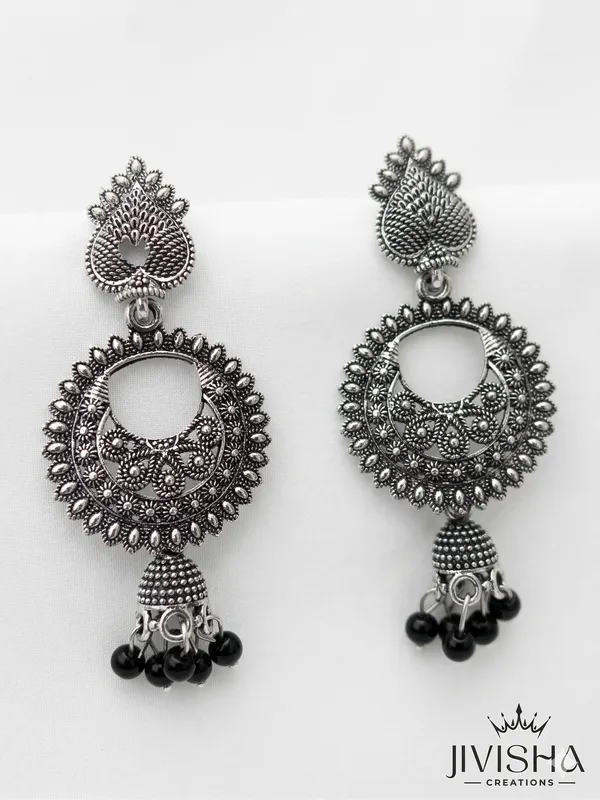 Oxidized_Silver_Peacock_Design_Chandbali_Earrings_With_Black_Bead_Drops_(Pack_Of_2)