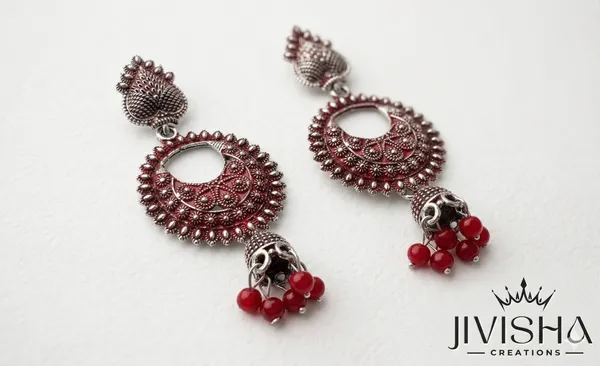 Oxidized_Silver_Chandbali_Earrings_With_Red_Beads_-_Jivisha_Creations_(Pack_Of_2)
