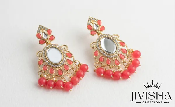 Coral_Red_Kundan_Chandbali_Earrings_With_Mirror_Work
