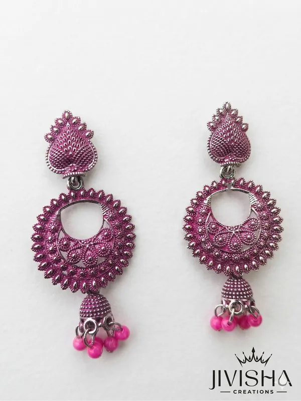 Oxidized_Pink_Stone_Studded_Chandbali_Earrings_With_Beaded_Drops_(Pack_Of_2)