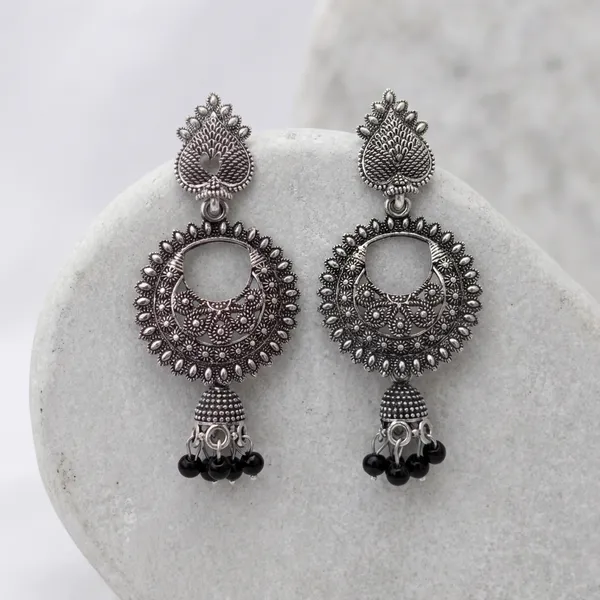 Oxidized_Silver_Peacock_Design_Chandbali_Earrings_With_Black_Bead_Drops_(Pack_Of_2)