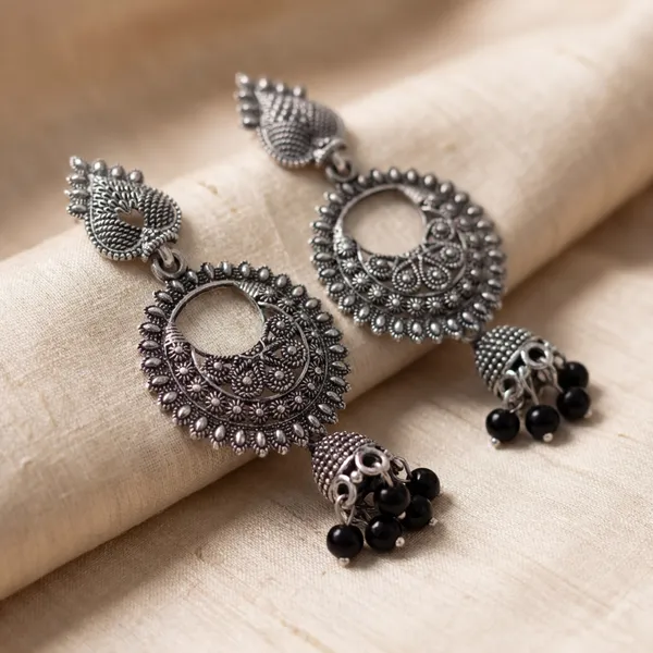 Oxidized_Silver_Peacock_Design_Chandbali_Earrings_With_Black_Bead_Drops_(Pack_Of_2)