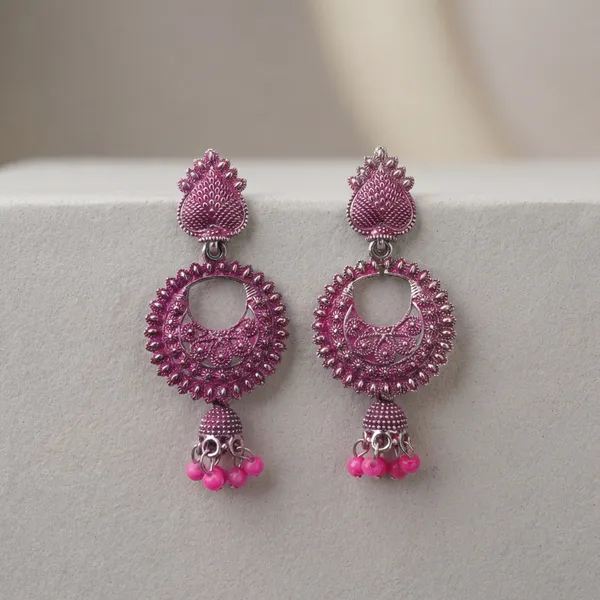 Oxidized_Pink_Stone_Studded_Chandbali_Earrings_With_Beaded_Drops_(Pack_Of_2)