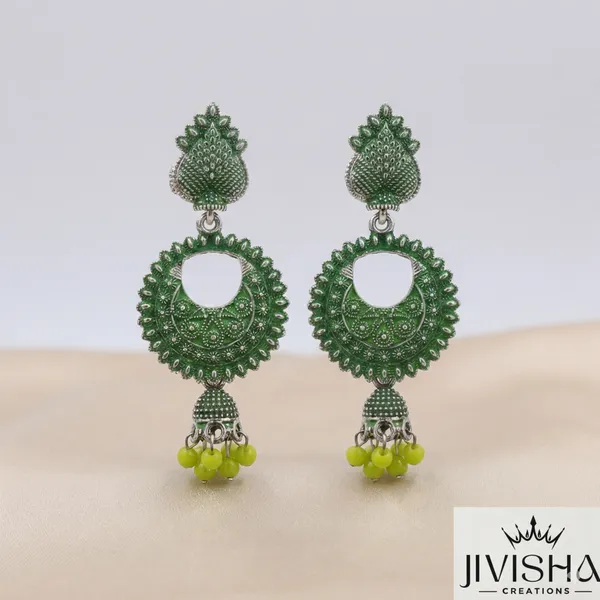 Green_Oxidized_Silver_Chandbali_Earrings_With_Yellow_Bead_Jhumki_(Pack_Of_2)