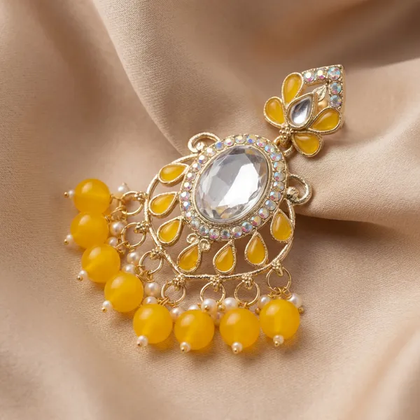 Yellow_Beaded_Chandbali_Earrings_With_Kundan_Work