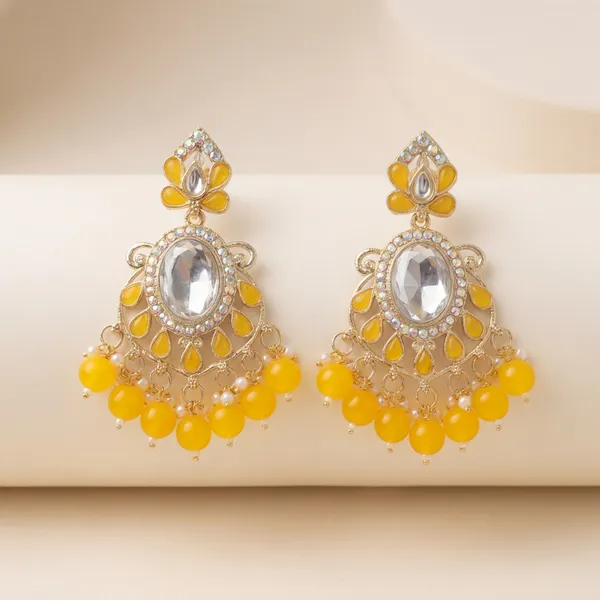 Yellow_Beaded_Chandbali_Earrings_With_Kundan_Work
