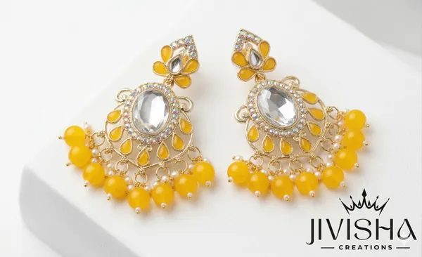 Yellow_Beaded_Chandbali_Earrings_With_Kundan_Work