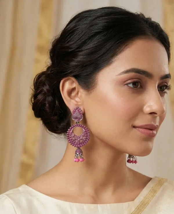 Oxidized_Pink_Stone_Studded_Chandbali_Earrings_With_Beaded_Drops_(Pack_Of_2)