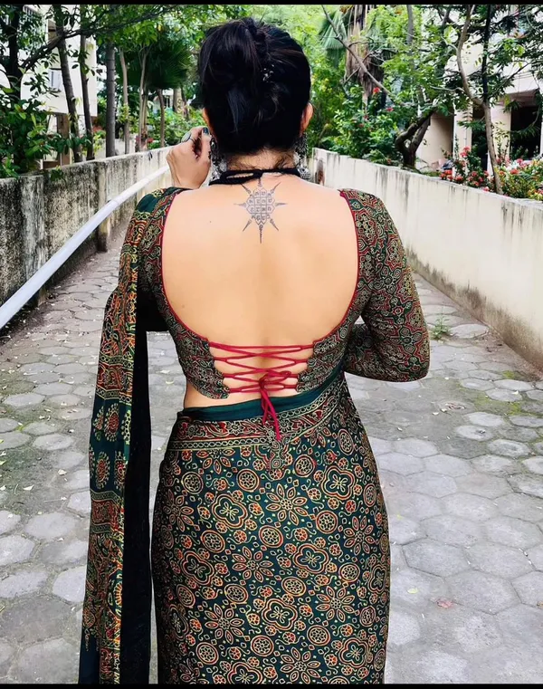 Mehandi_Green_Semi_Ajrakh_Silk_And_Mono_Silk_Saree_For_Women