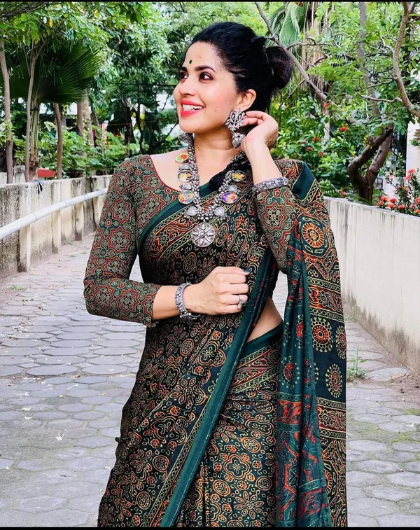 Mehandi_Green_Semi_Ajrakh_Silk_And_Mono_Silk_Saree_For_Women