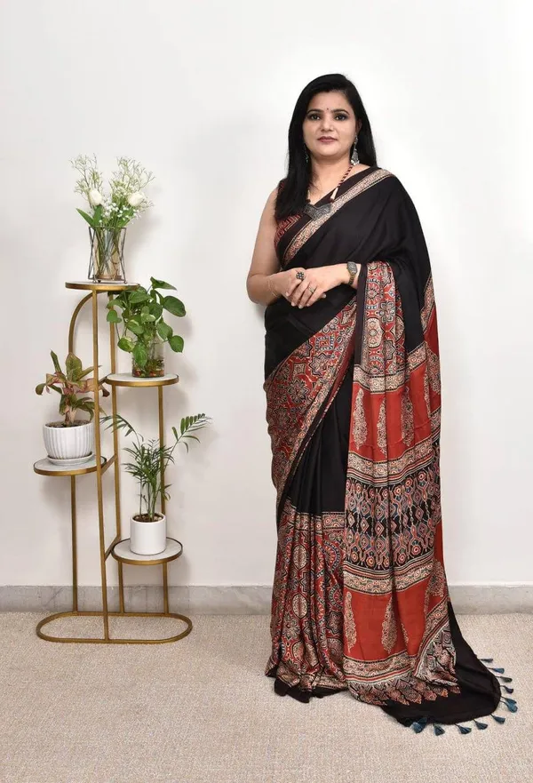 Black_And_Red_Ajrakh_Silk_Saree_For_Women