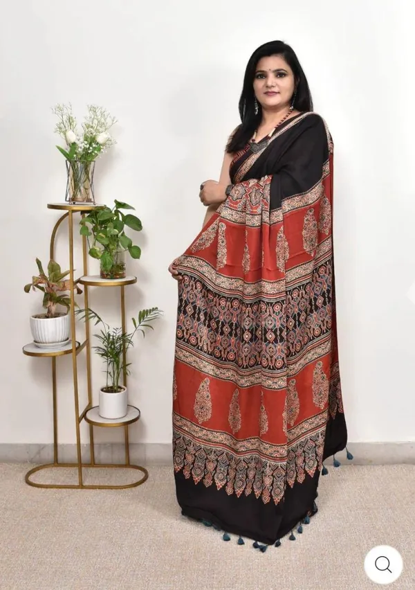 Black_And_Red_Ajrakh_Silk_Saree_For_Women