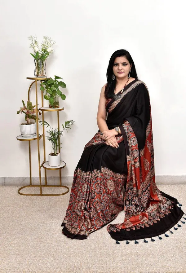 Black_And_Red_Ajrakh_Silk_Saree_For_Women