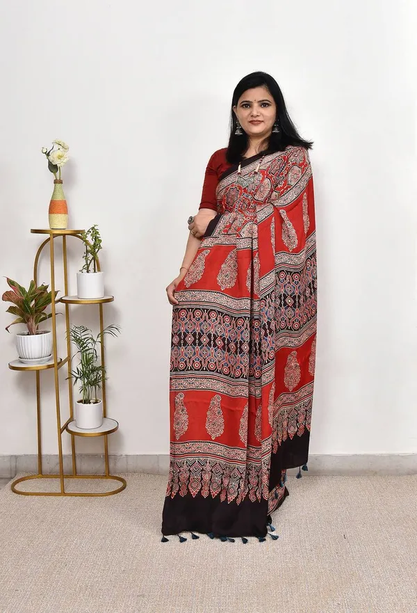 Red_Ajarakh_Modal_Silk_Saree_For_Women