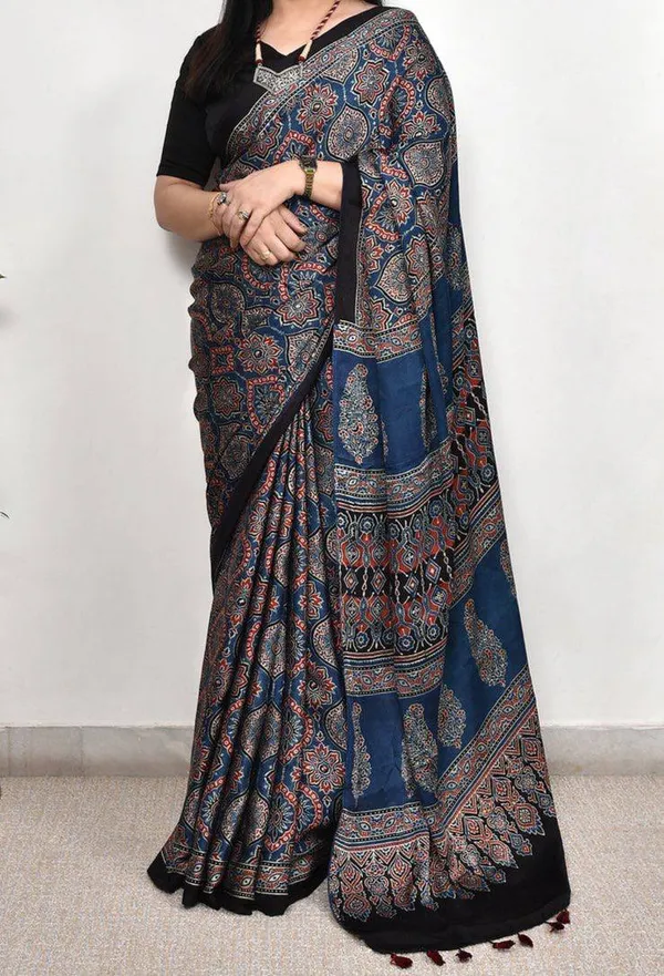 Blue_Ajarakh_Modal_Silk_Saree_For_Women