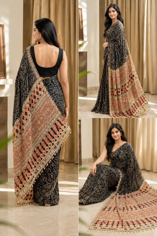 Black_Bandhej_Real_mirror_work_with_blouse_Piece